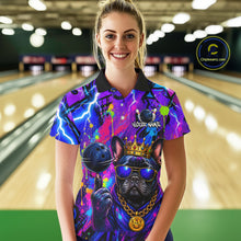 Load image into Gallery viewer, Women wearing personalized bowling polo shirt with a crowned bulldog holding a bowling ball, surrounded by paint effects and bold graphic patterns.