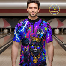 Load image into Gallery viewer, Men wearing personalized bowling quarter zip shirt with a crowned cat holding a bowling ball, blended with colorful paint strokes and graphic patterns.