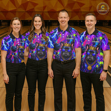 Load image into Gallery viewer, Four people wearing personalized bowling polo shirt with a crowned bulldog holding a bowling ball, surrounded by paint effects and bold graphic patterns.