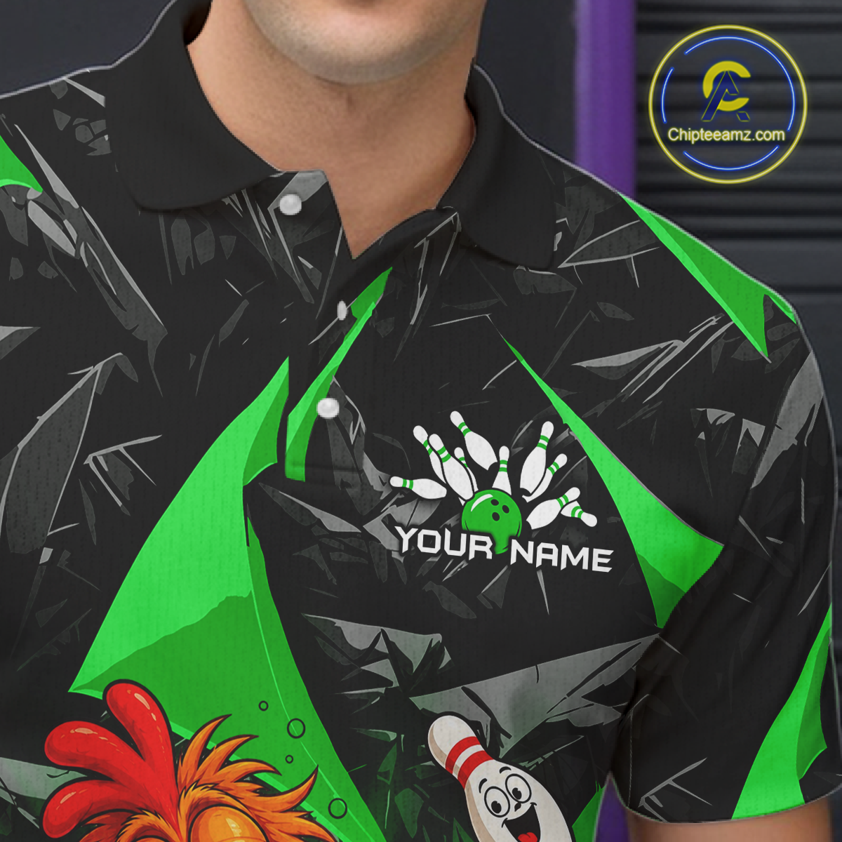 Black and green polo shirt with a bowling design and 'Your Name' text, featuring a brand logo in the corner.