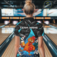 Load image into Gallery viewer, Woman wearing a black and turquoise bowling quarter zip featuring a wild rooster mascot holding a beer mug and red bowling ball, with custom team name text.