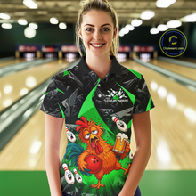 Load image into Gallery viewer, Woman wearing a black and green bowling polo featuring a wild rooster mascot holding a beer mug and red bowling ball, with custom your name text.