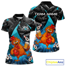 Load image into Gallery viewer, Front and back views of a black and turquoise bowling quarter zip featuring a wild rooster mascot holding a beer mug and red bowling ball, with custom team text.