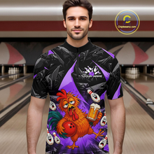 Load image into Gallery viewer, Man wearing a black and purple bowling quarter zip featuring a wild rooster mascot holding a beer mug and red bowling ball, with custom your name text.