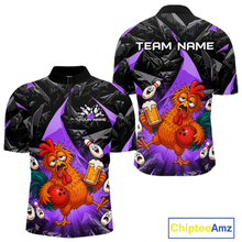 Load image into Gallery viewer, Front and back views of a black and purple bowling quarter zip featuring a wild rooster mascot holding a beer mug and red bowling ball, with custom team text.