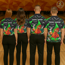 Load image into Gallery viewer, Four people wearing black and green bowling  quarter zip featuring a wild rooster mascot holding a beer mug and red bowling ball, with custom team name text.