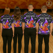 Load image into Gallery viewer, Four people wearing black and purple bowling polo featuring a wild rooster mascot holding a beer mug and red bowling ball, with custom team name text.