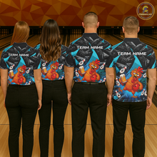 Load image into Gallery viewer, Four people wearing black and turquoise bowling polo featuring a wild rooster mascot holding a beer mug and red bowling ball, with custom team name text.