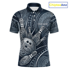 Load image into Gallery viewer, Front view personalized bowling polo shirt with bowling balls and pins arranged within navy blue polynesian tribal patterned artwork across a dark layout.
