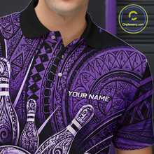 Load image into Gallery viewer, Personalized bowling polo shirt with bowling balls and pins arranged within purple polynesian tribal patterned artwork across a dark layout.