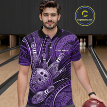 Load image into Gallery viewer, Men wearing personalized bowling polo shirt with bowling balls and pins arranged within purple polynesian tribal patterned artwork across a dark layout.