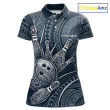 Load image into Gallery viewer, Front view personalized bowling polo shirt with bowling balls and pins arranged within polynesian tribal patterned artwork across a navy blue layout.
