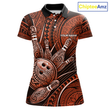Load image into Gallery viewer, Front view personalized bowling polo shirt with bowling balls and pins arranged within orange polynesian tribal patterned artwork across a dark layout.