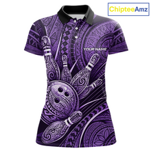 Load image into Gallery viewer, Front view personalized bowling polo shirt with bowling balls and pins arranged within polynesian tribal patterned artwork across a purple layout.