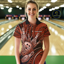 Load image into Gallery viewer, A woman stands in a bowling alley wearing a short-sleeve collared bowling shirt with a red, black, and brown tribal-inspired bowling pin graphic print. The shirt features a black collar, a black button placket, and a white 'YOUR NAME' placeholder on the chest.