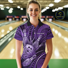 Load image into Gallery viewer, Women wearing personalized bowling polo shirt with bowling balls and pins arranged within polynesian tribal patterned artwork across a purple layout.