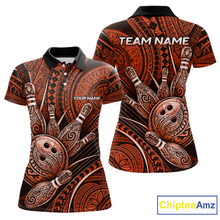 Load image into Gallery viewer, Front and back view personalized bowling polo shirt with bowling balls and pins arranged within orange polynesian tribal patterned artwork across a dark layout.