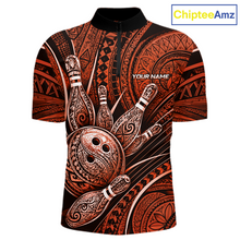 Load image into Gallery viewer, Front view personalized bowling quarter zip shirt with bowling balls and pins arranged within orange polynesian tribal patterned artwork across a dark layout.