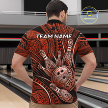 Load image into Gallery viewer, Men wearing personalized bowling quarter zip shirt with bowling balls and pins arranged within orange polynesian tribal patterned artwork across a dark layout.