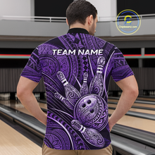 Load image into Gallery viewer, Men wearing personalized bowling quarter zip shirt with bowling balls and pins arranged within purple polynesian tribal patterned artwork across a dark layout.