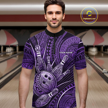 Load image into Gallery viewer, Men wearing personalized bowling quarter zip shirt with bowling balls and pins arranged within purple polynesian tribal patterned artwork across a dark layout.