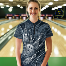Load image into Gallery viewer, Women wearing personalized bowling quarter zip shirt with bowling balls and pins arranged within polynesian tribal patterned artwork across a navy blue layout.