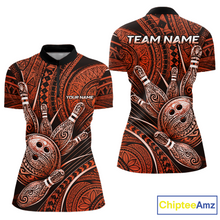 Load image into Gallery viewer, Front and back view personalized bowling quarter zip shirt with bowling balls and pins arranged within orange polynesian tribal patterned artwork across a dark layout.
