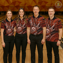 Load image into Gallery viewer, Four people wearing personalized bowling polo shirt with bowling balls and pins arranged within orange polynesian tribal patterned artwork across a dark layout.