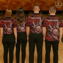 Load image into Gallery viewer, Four people wearing personalized bowling polo shirt with bowling balls and pins arranged within orange polynesian tribal patterned artwork across a dark layout.