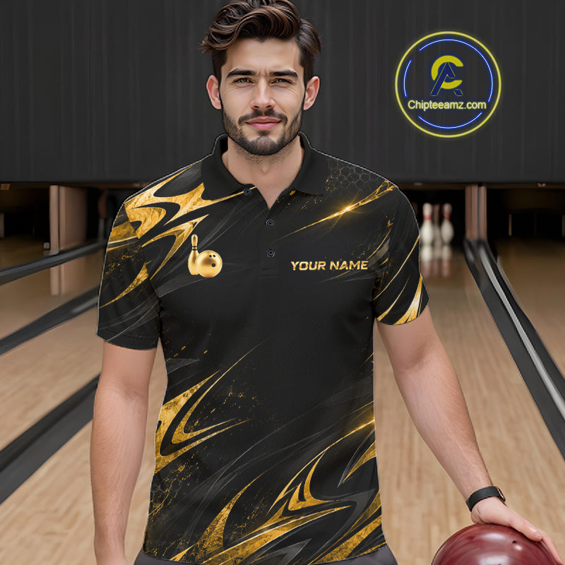 Custom Black Gold Bowling Jersey for Men Bowling Team Shirts Bowling League Polo & 1/4 Zip HNT491