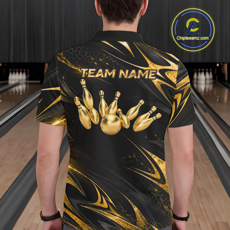 Custom Black Gold Bowling Jersey for Men Bowling Team Shirts Bowling League Polo & 1/4 Zip HNT491