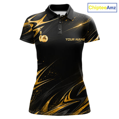 Custom Black Gold Bowling Jersey for Women Bowling Team Shirts Bowling League Polo & 1/4 Zip HNT491