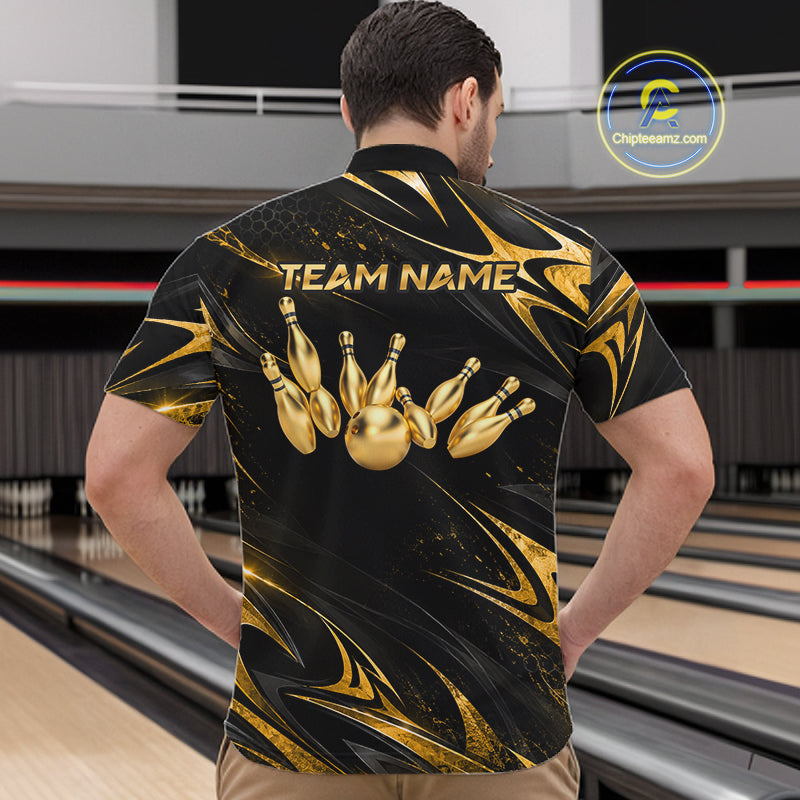 Custom Black Gold Bowling Jersey for Men Bowling Team Shirts Bowling League Polo & 1/4 Zip HNT491