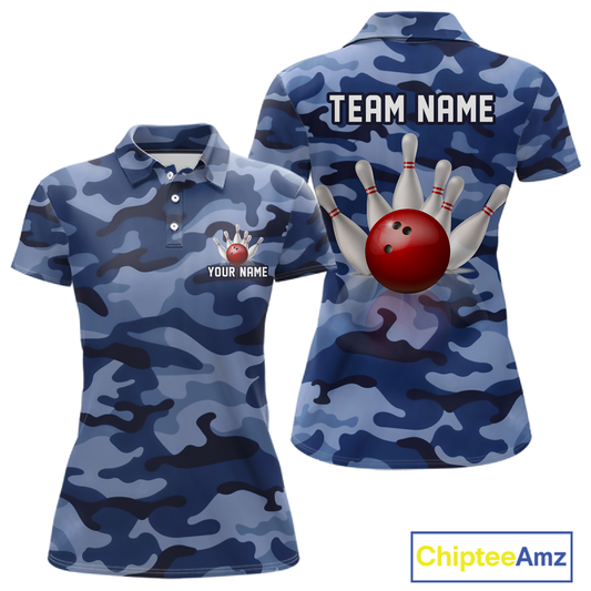 Custom Blue Camo Bowling Jersey for Women Bowling Team Shirts Bowling Uniform Polo & 1/4 Zip HNT167