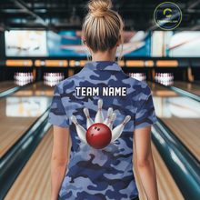 Load image into Gallery viewer, Custom Blue Camo Bowling Jersey for Women Bowling Team Shirts Bowling Uniform Polo &amp; 1/4 Zip HNT167