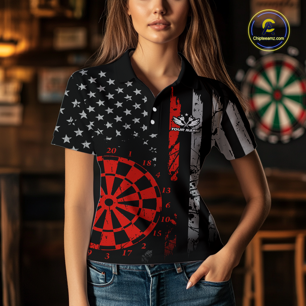 Custom Red US Flag Darts Shirt for Women Darts Team Jerseys Dart Tournament Polo & 1/4 Zip NNT116