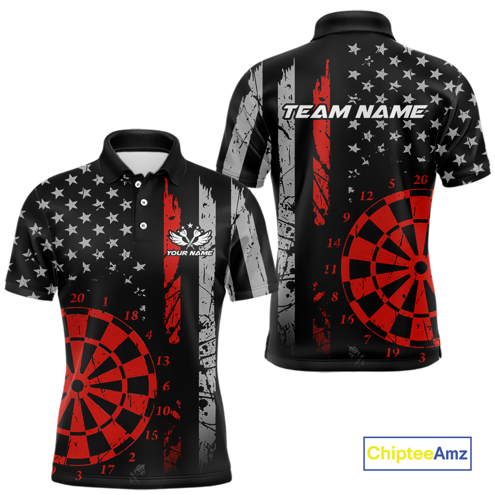 Custom Red US Flag Darts Shirt for Men Darts Team Jerseys Dart Tournament Polo & 1/4 Zip NNT116