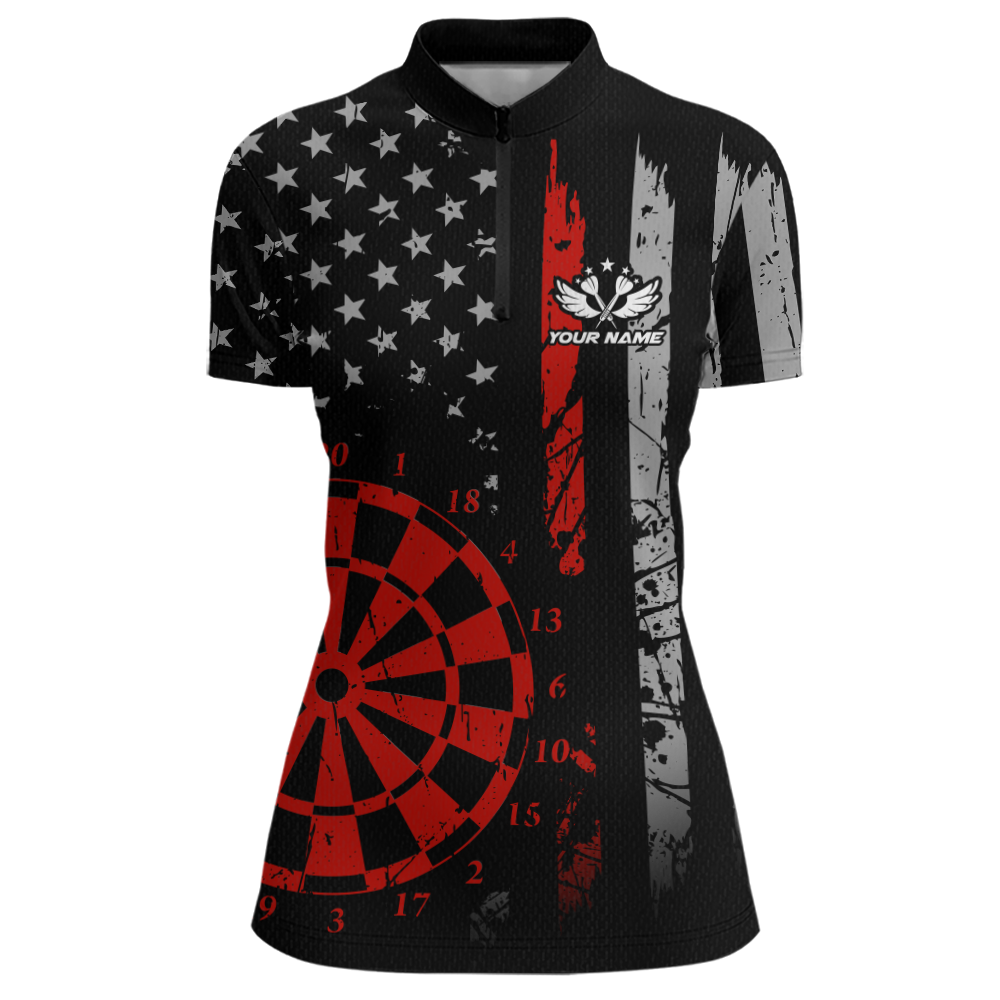 Custom Red US Flag Darts Shirt for Women Darts Team Jerseys Dart Tournament Polo & 1/4 Zip NNT116