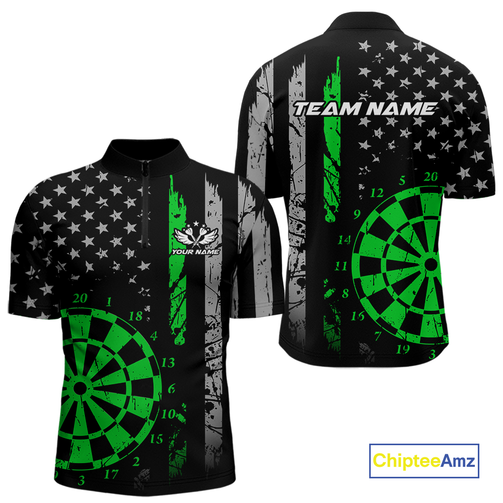 Custom Green US Flag Darts Shirt for Men Darts Team Jerseys Dart Tournament Polo & 1/4 Zip NNT116