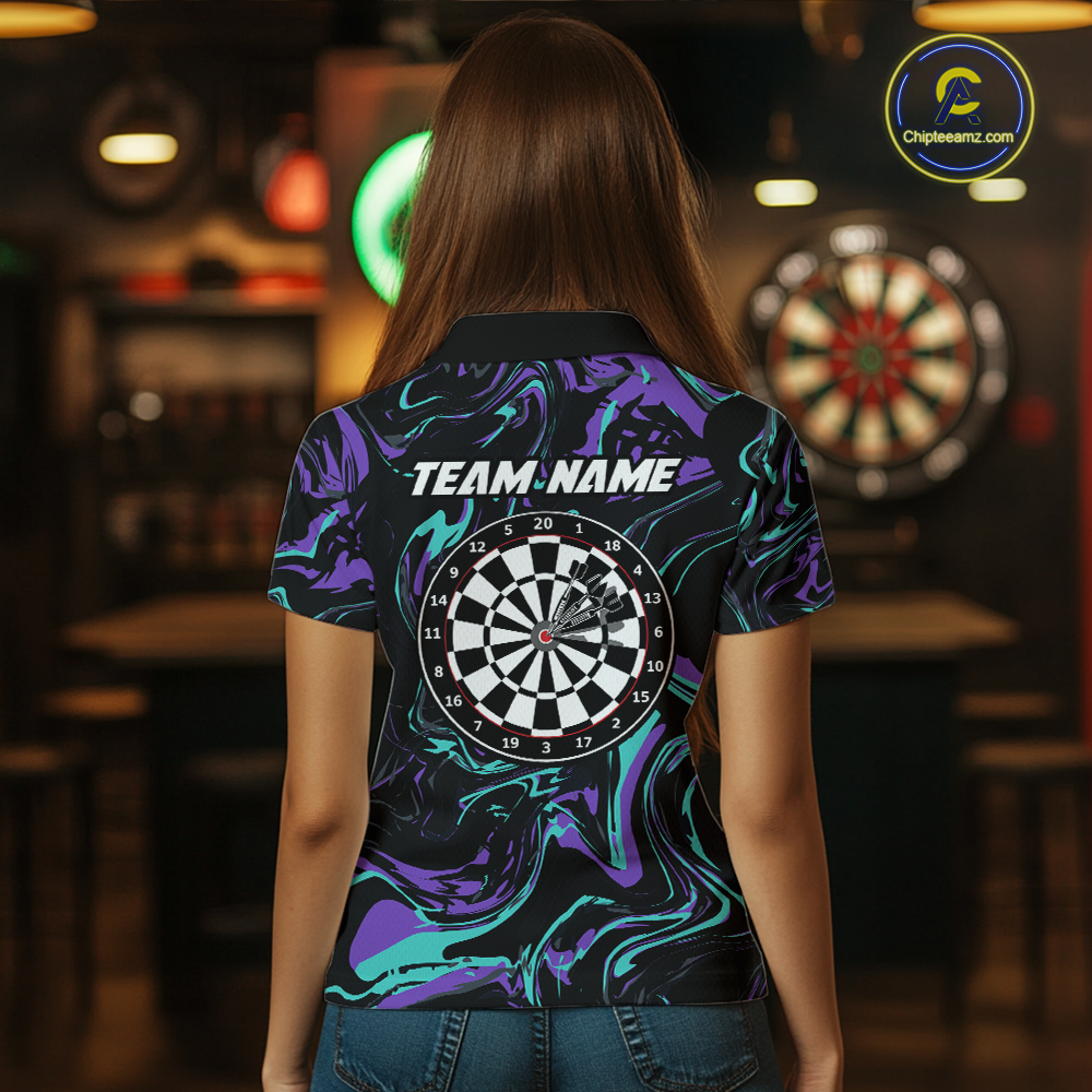 Purple-Turquoise Pattern Darts Team Jerseys Dart Shirts For Women Dart Tournament Polo & 1/4 Zip NNT119