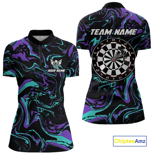 Purple-Turquoise Pattern Darts Team Jerseys Dart Shirts For Women Dart Tournament Polo & 1/4 Zip NNT119