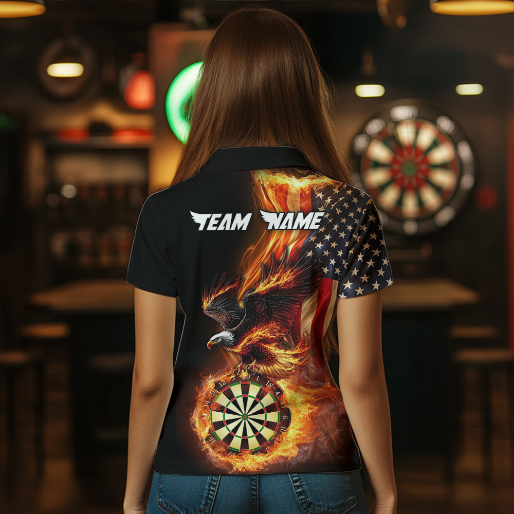Custom Flame US Flag Eagle Darts Shirt for Women Darts Team Jerseys Dart Tournament Polo & 1/4 Zip NNT112