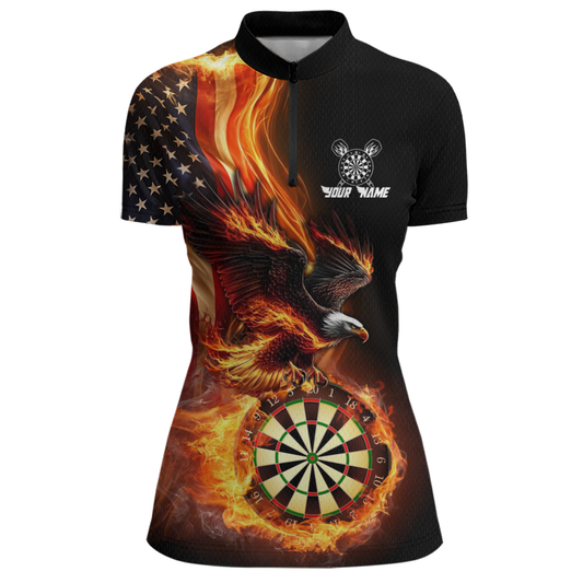 Custom Flame US Flag Eagle Darts Shirt for Women Darts Team Jerseys Dart Tournament Polo & 1/4 Zip NNT112