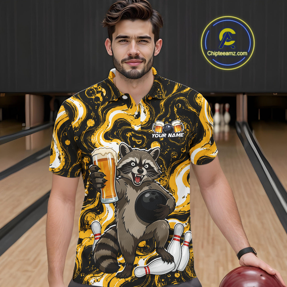 Custom Beer Raccoon Bowling Shirt for Men Bowling Polo & 1/4 Zip Bowling Team Shirts HNT311