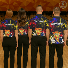 Load image into Gallery viewer, Four people wearing black bowling polo featuring colorful red, yellow, and blue paint splatter graphics, a cartoon pizza slice mascot, bowling pins, and custom team name text.