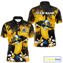 Load image into Gallery viewer, Front and back views of a black and yellow bowling polo featuring a cool banana mascot dabbing, bowling pins, a blue bowling ball, and custom team text.