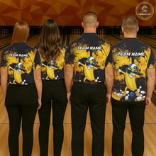 Load image into Gallery viewer, Four people wearing black and yellow bowling polo featuring a cool banana mascot dabbing, bowling pins, a blue bowling ball, and custom team name text.