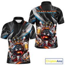 Load image into Gallery viewer, Front and back view personalized bowling polo shirt with a crowned bowling ball character surrounded by pins and angled graphic patterns across a black layout.