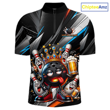 Load image into Gallery viewer, Front view personalized bowling quarter zip shirt with a crowned bowling ball character surrounded by pins and angled graphic patterns across a black layout.