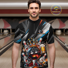 Load image into Gallery viewer, Men wearing personalized bowling quarter zip shirt with a crowned bowling ball character surrounded by pins and angled graphic patterns across a black layout.